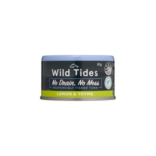 와일드 타이드즈 노 드레인, 노 메스 리스폰서블리 피쉬드 튜나 레몬 &amp; 타임 80g, Wild Tides No Drain, No Mess Responsibly Fished Tuna Lemon &amp; Thyme 80g