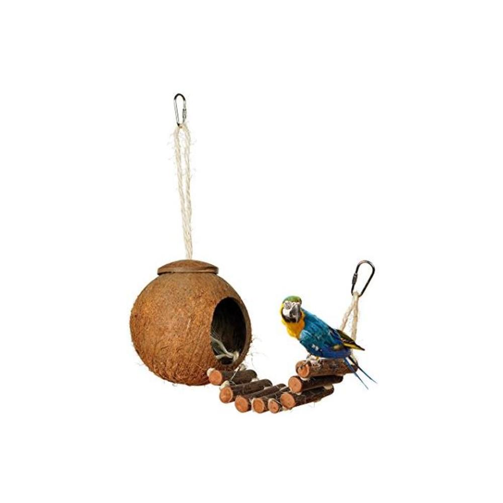 QTMY Natural Coconut Shells House with Wood Hideaway Ladder for Bird Trainning Toy Bridge Swings B075S6K3QD
