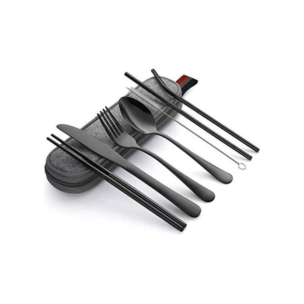 Travel Cutlery Set Portable Camping Utensils Set Including Knife Fork Spoons Straws Chopsticks Cleaning Brush, Reusable Travel Cutlery kit Stainless Steel [8 Piece Black] B08F4Y2HNW